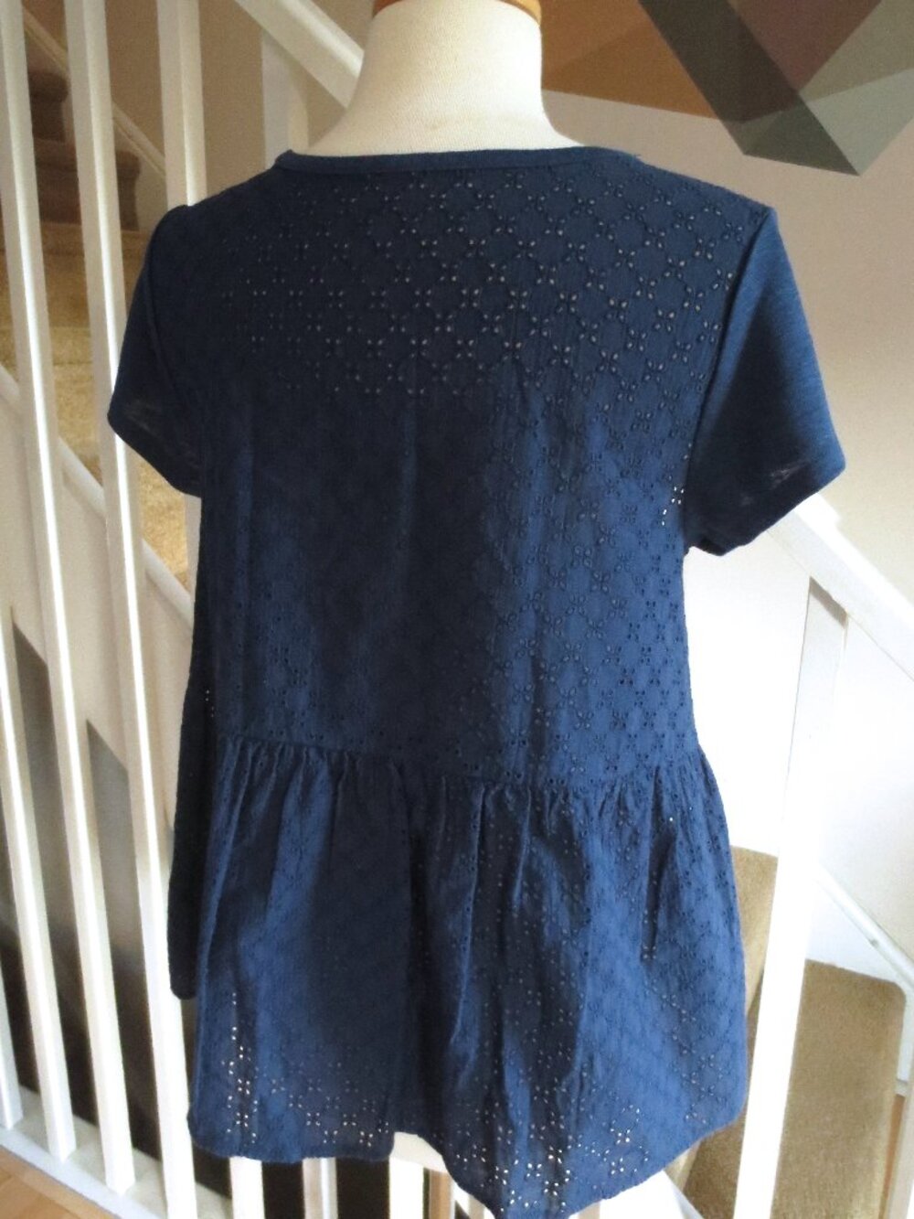 Blue Cotton Eyelet Ruffle Summer Top T-Shirt Tee Short-Sleeve Blouse